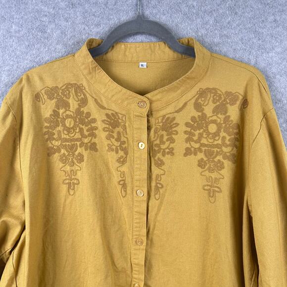Boho Linen Button Down Tunic Size XL Gold Long Sleeve Embroidered Hi Low Indie - Picture 3 of 10